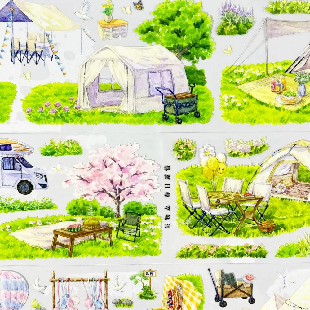 Jingwuzhi Spring Camping PET Washi Tape RV Field Grass Landscape Decorative Sticker for DIY Journaling