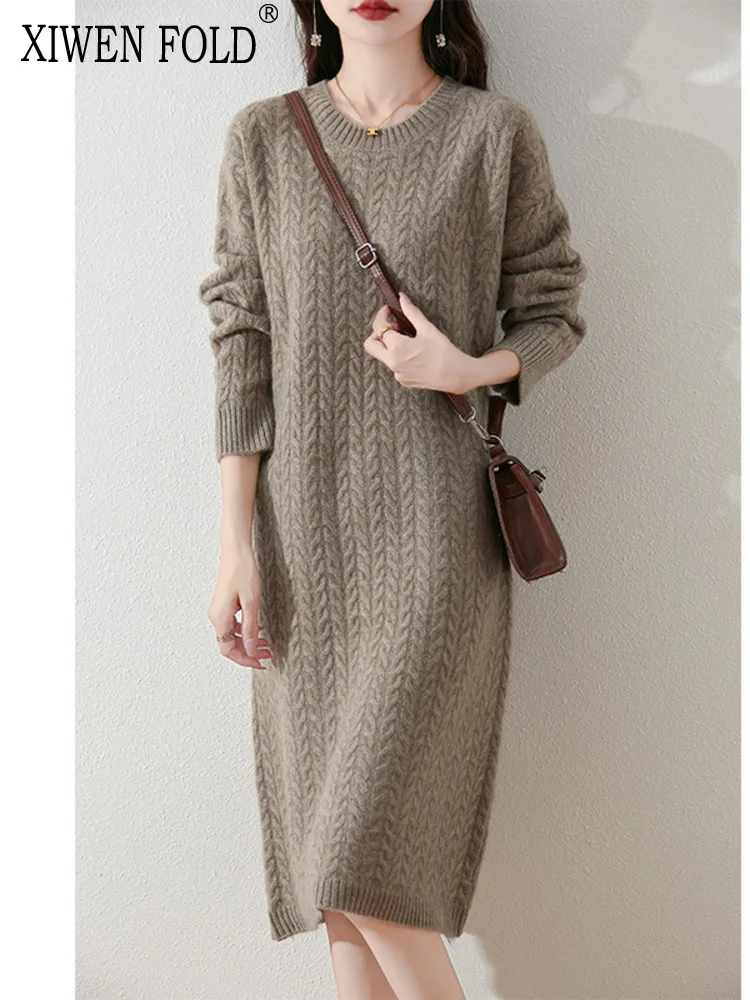 

XIWEN Woolen O-neck Solid Color High Waist A-line Elegant Casual Fashion Women's Dress 2024 Autumn Winter New XF3150