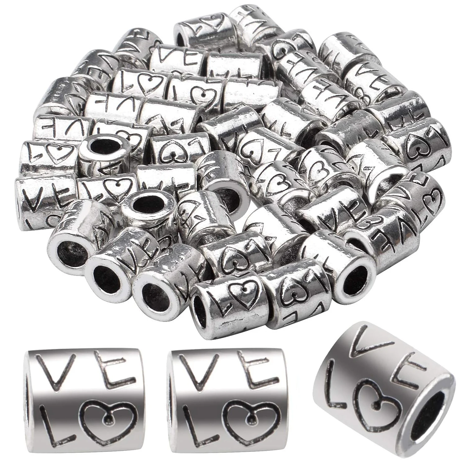 

50pcs Tibetan Antique Silver Large Hole Spacer Beads 'Love' Word Column Beads Tube Spacers for Bracelet Necklace Jewelry Making