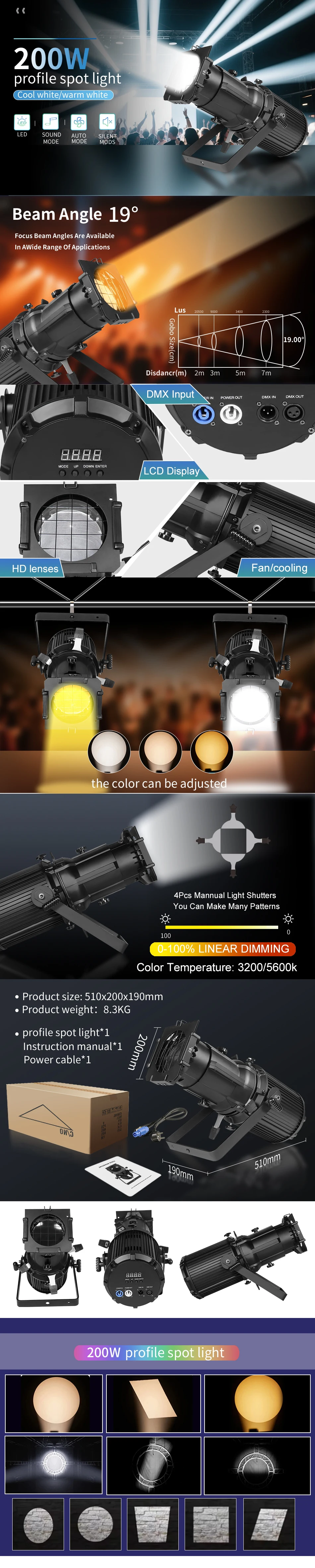 AICPOSE LED 200W Profilprojektor Spotlicht Aluminium Professionell Warmweiß/Kaltweiß/RGBW DMX Partybeleuchtung für TV-Studio-Theater – Detail 1