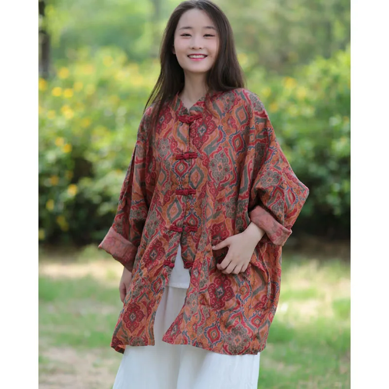 Chinese Style Print Loose Buckle Long Sleeves Shirt 2024Woman Spring New Chic Cotton Linen Vintage Cardigan Top Ladies Shirt