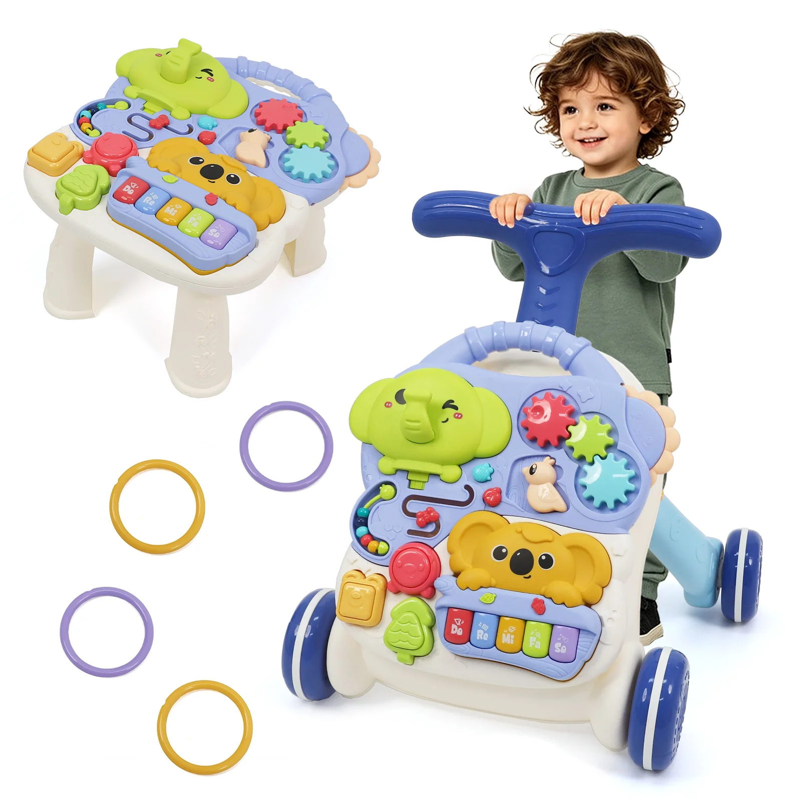 3-in-1 Toddler Walker Push Toy, Musical Early Learning Walking Cart with Adjustable Speed & Non-Slip Wheels