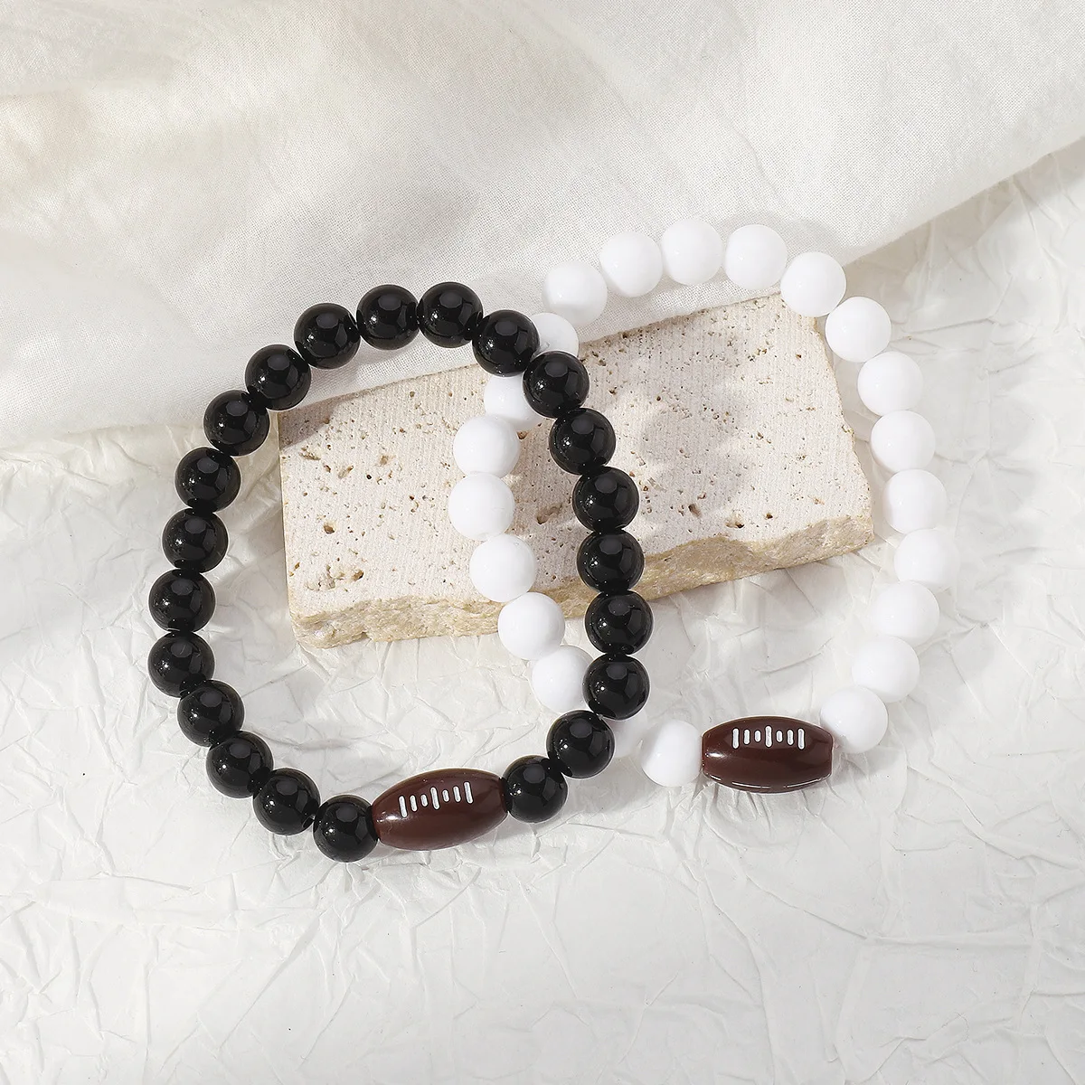 Cross border Super Bowl Football Bracelet Set Acrylic Black and White Beads Simple Elastic Fashion Bracelet