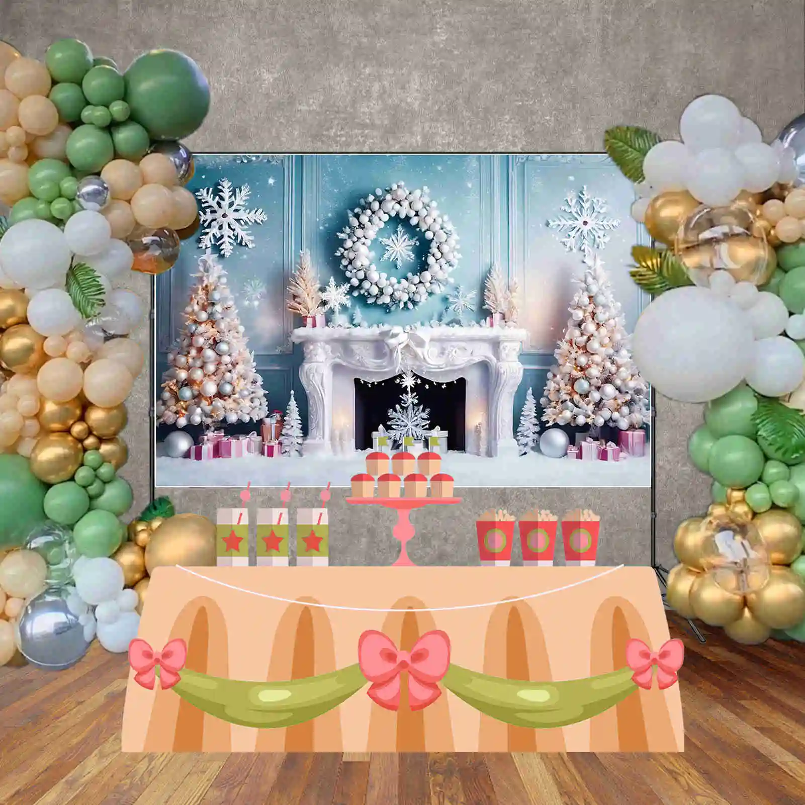 MOON.QG 화이트 크리스마스 트리 배경, 실내 겨울 눈 벽난로, 거실 배경, 파티 장식, 사진 소품