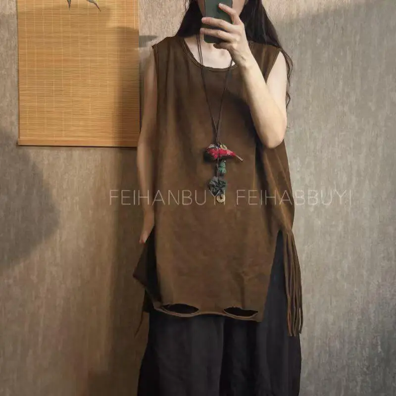 New Arrival 2026 Summer Arts Style Women O-neck Solid Sleeveless Tops Tassel Design Cotton Vintage Tank Top Good Quality F5711