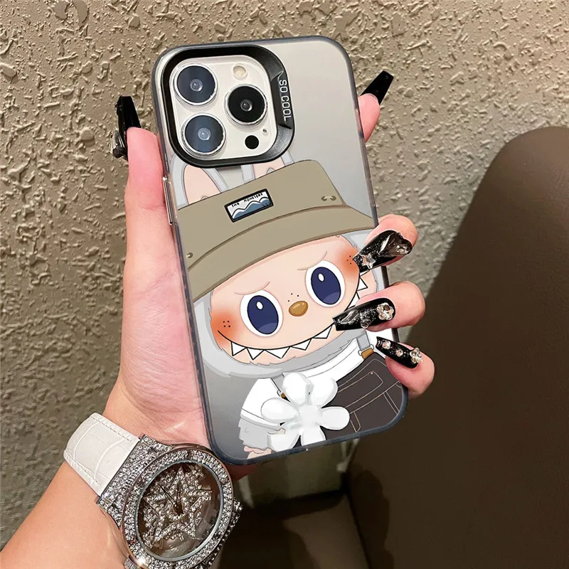 MINISO suspenders braces LABUBU Phone Case for iPhone 11 12 13 14 15 16 Pro Max Plus X XS XR Cute Cartoon Forest Elf Back Cover