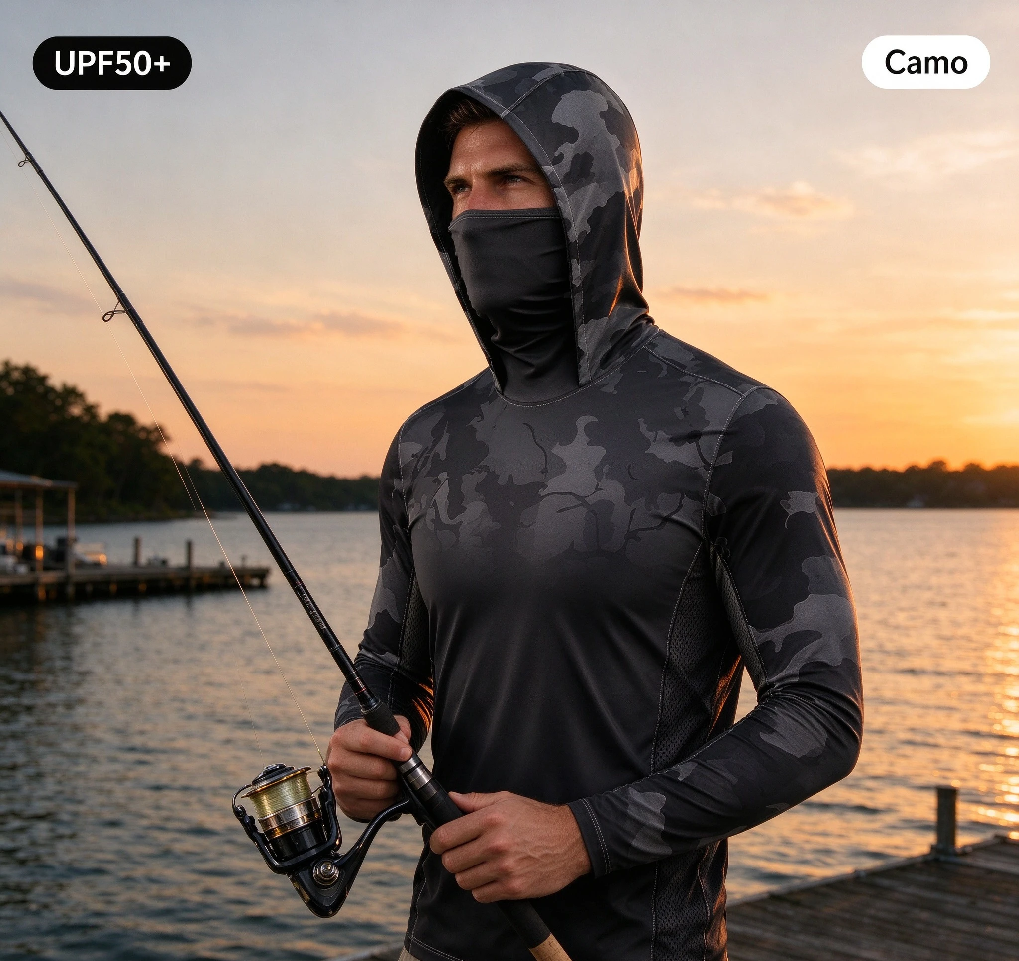 Mens Fishing Hooded Shirt UPF50 Sun Protection Face Cover Long Sleeve Black Gray Camo Print Quick Dry Outdoor Hiking Lightweight