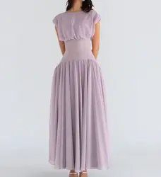 Customized Modern Crew Neck Sleeveless Beading Evening Dress Temperament Pleats Chiffon Purple Robe de soirée Vestido De Festa