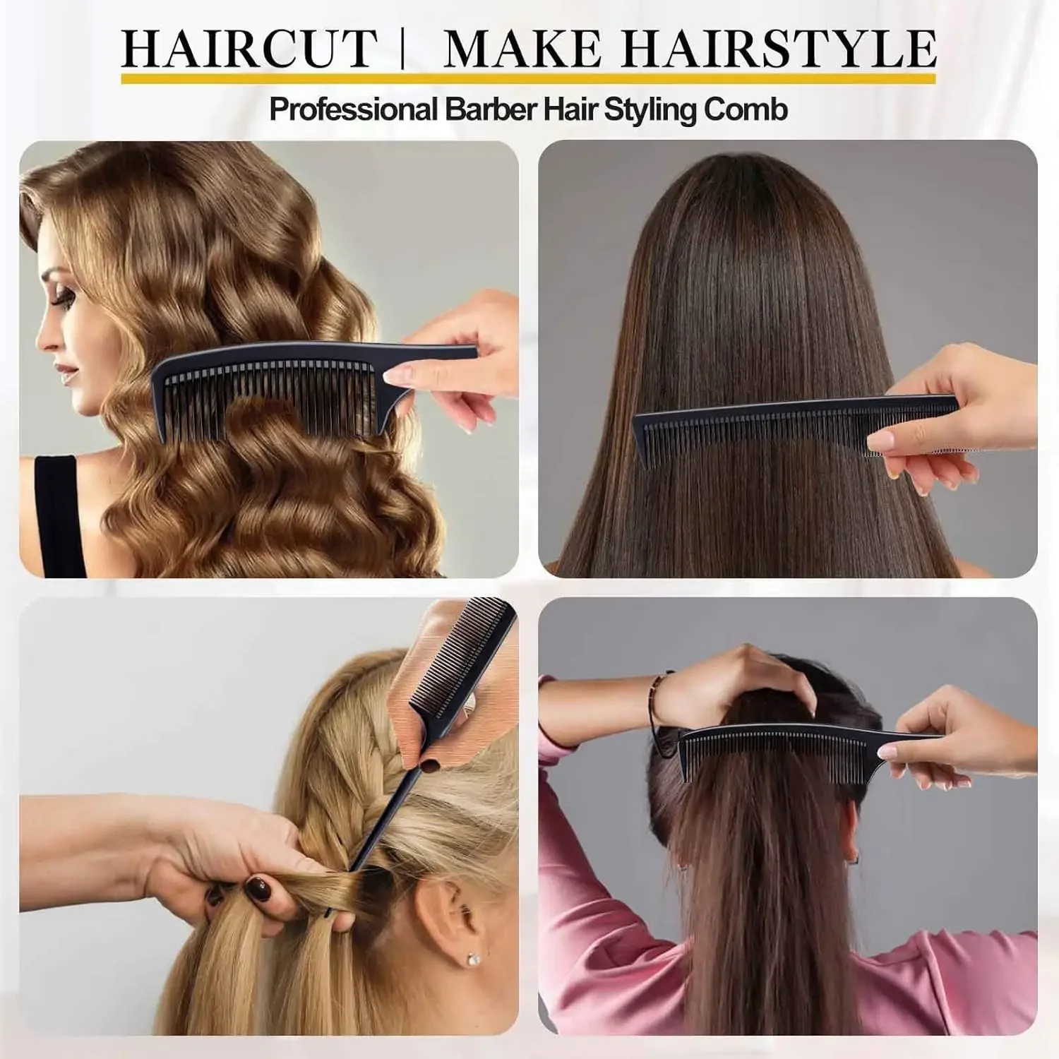 여성 및 남성용 4피스 빗, 프리미엄 블랙 카본 파이버 헤어 빗 세트 (펌, 가르마용), 헤어 스타일리스트용 빗
