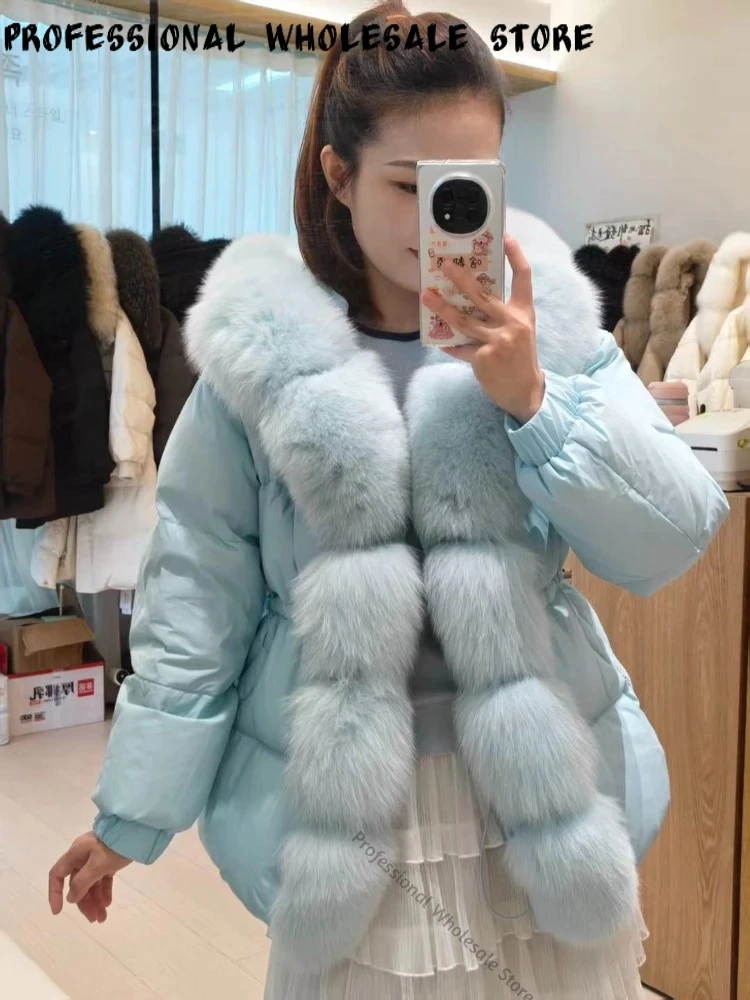 Women Winter Puffer Coat White Fur Hood Front Fur Accent Drawstring Waist Zipper Closure Thermal Outerwear for  Daily Outfit