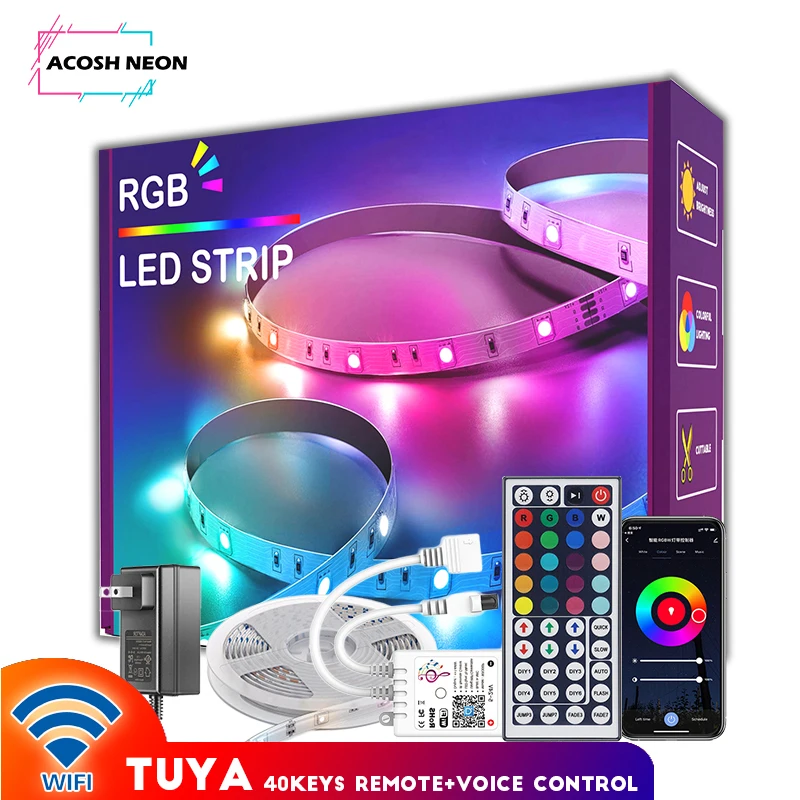 Tira de luces LED con Control remoto para decoración del hogar, iluminación nocturna Flexible con 44 teclas, RGB, 18/30/60 LEDs/M, TUYA