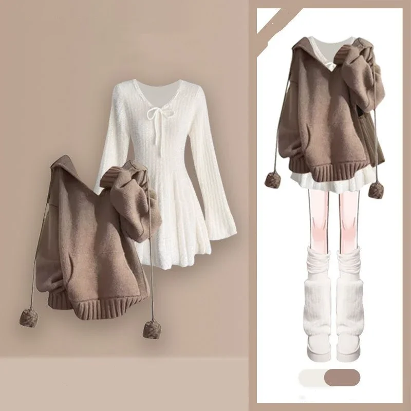 Women's Autumn Winter Sweet Pink Hooded Pompon Sweatshirts Knit Dress Two Piece Suits Lady Loose Tops Mini Dresses Knitwear Sets