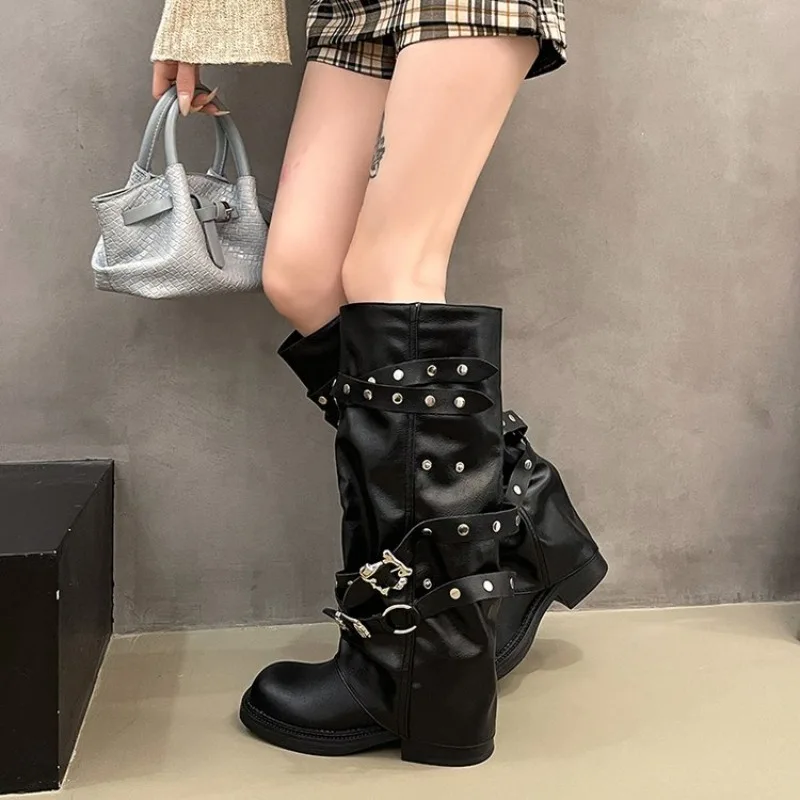 Women Boots Platform Trouser Legs High Boots Trend Punk Gothic Shoes New Rock Leather Fashion Women's Shoes Motorcycle Footwear