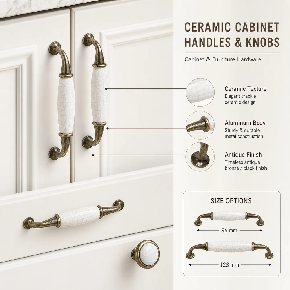 Stylish Ceramic Cabinet Door Handles Black White Color European Drawer Pull Aluminum DIY Friendly Cabinet Pulls Kitchen Cabinets