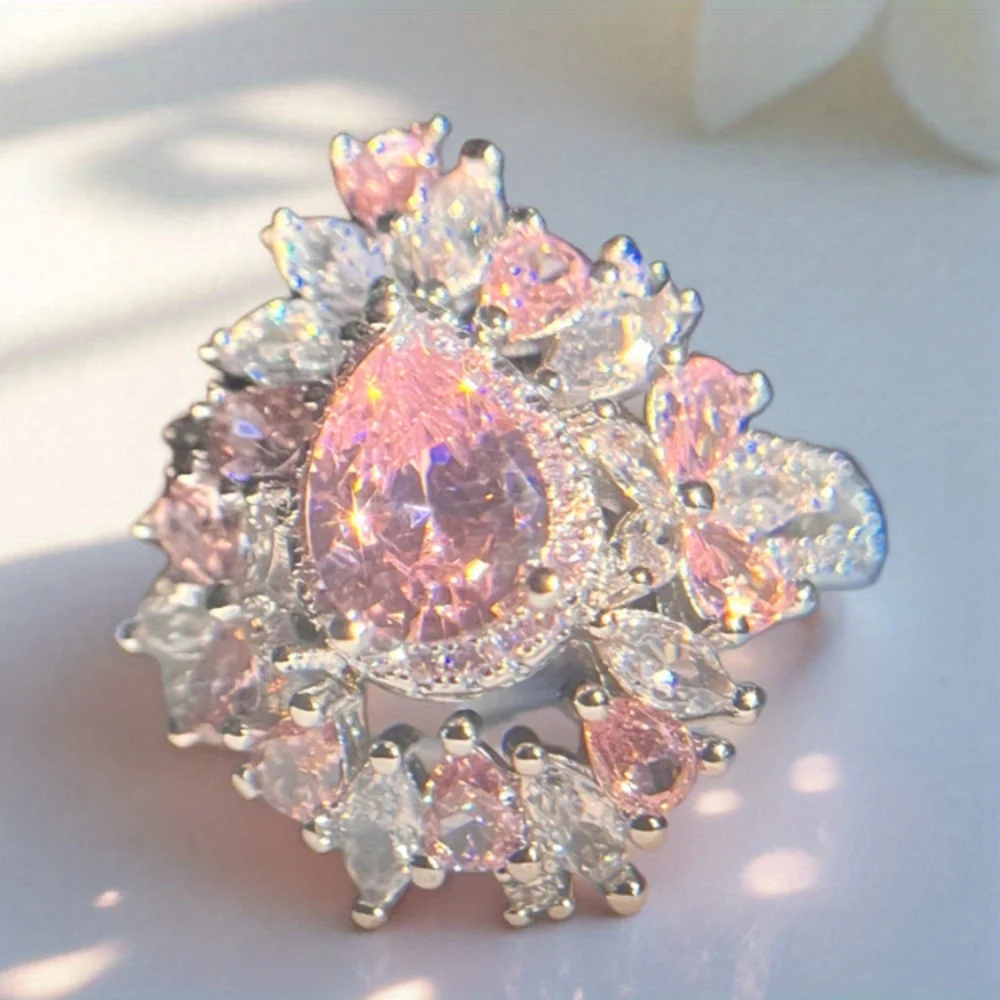 1 pc Luxury Sparkling Droplet Ladies Fashion Pink Flower Cube Zirconia Ring Bohemian Ring Ladies Bride Engagement Wedding Party Cocktail Ring High Jewelry Girls Everyday Casual Accessories good and cheap gift for the girl