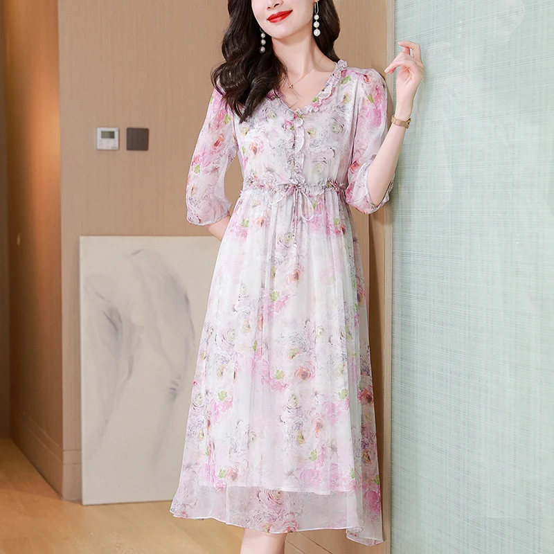 Elegant Chic Dresses for Women 2026 Summer Holiday V-neck Women's Floral Print Dress A-line 100% Real Silk Woman Long Dress