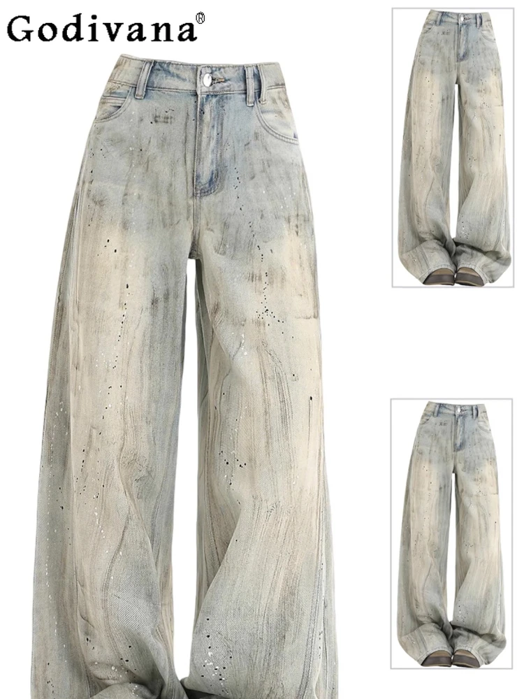 

Women Autumn Large Size 2XL-6XL American Street Fashion Wide-leg Jeans High Waist Retro Light Blue Loose Leisure Versatile Pants