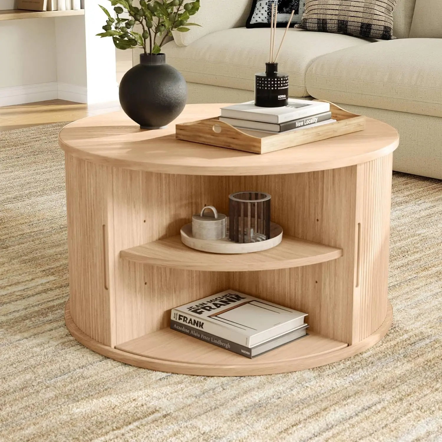 طاولة قهوة مستديرة، طاولة قهوة ذات أسطوانة مقاس 31.5 بوصة مع باب منزلق، طاولة مركزية قابلة للطي مع مساحة تخزين، طاولة قهوة حديثة