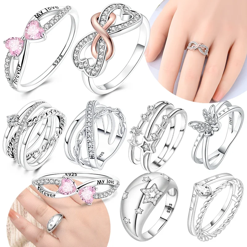 Infinite love Jewelry Black & Pink Heart Shiny Zircon Rings Fashion 2025 New 925 Silver Women Rings for Valentine's Day Gift