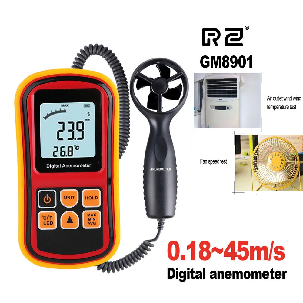 RZ Wind Speed Meter GM8901 Anemometer Wind-Speed GaugeTemperature Measure Digital 0.18-45 m/s 1771.7 inch/s thermometer Handheld