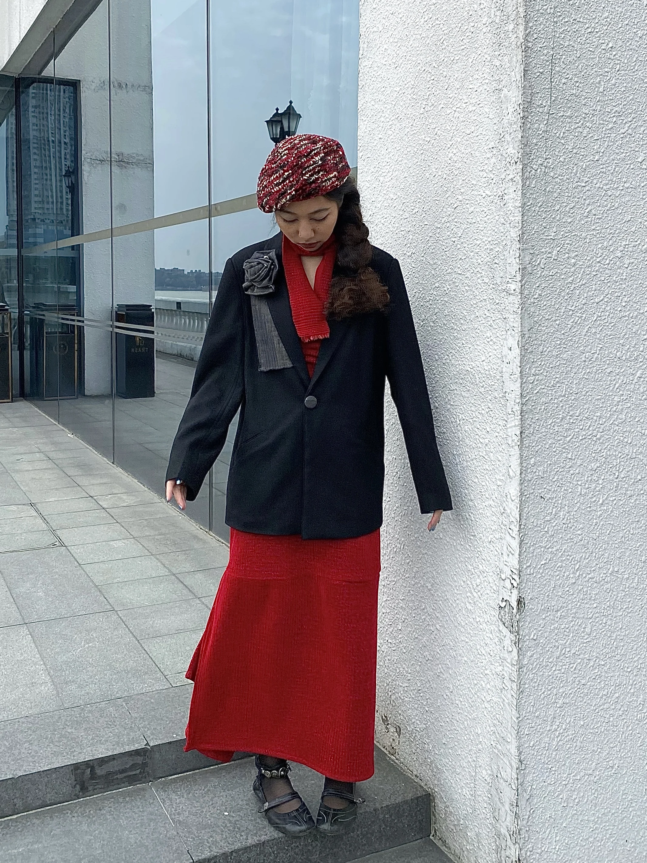 

Original Design Women's Woolen Jaet SIKUO Fla Gold One Button Rose Patterned Autumn Winter Long Sve Midi Straight Cut