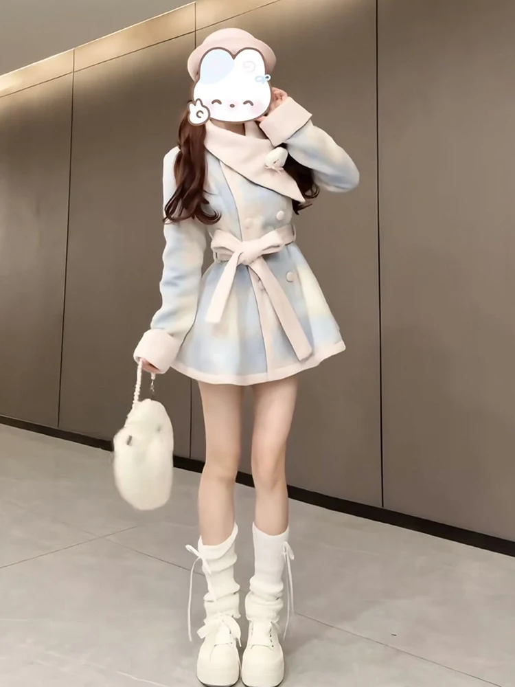 

Cute Plaid Woolen Coat Women's Belted Waist Slimming ort Sle Commute Simple Faion Polyester Fiber Thi Winter Outerwear