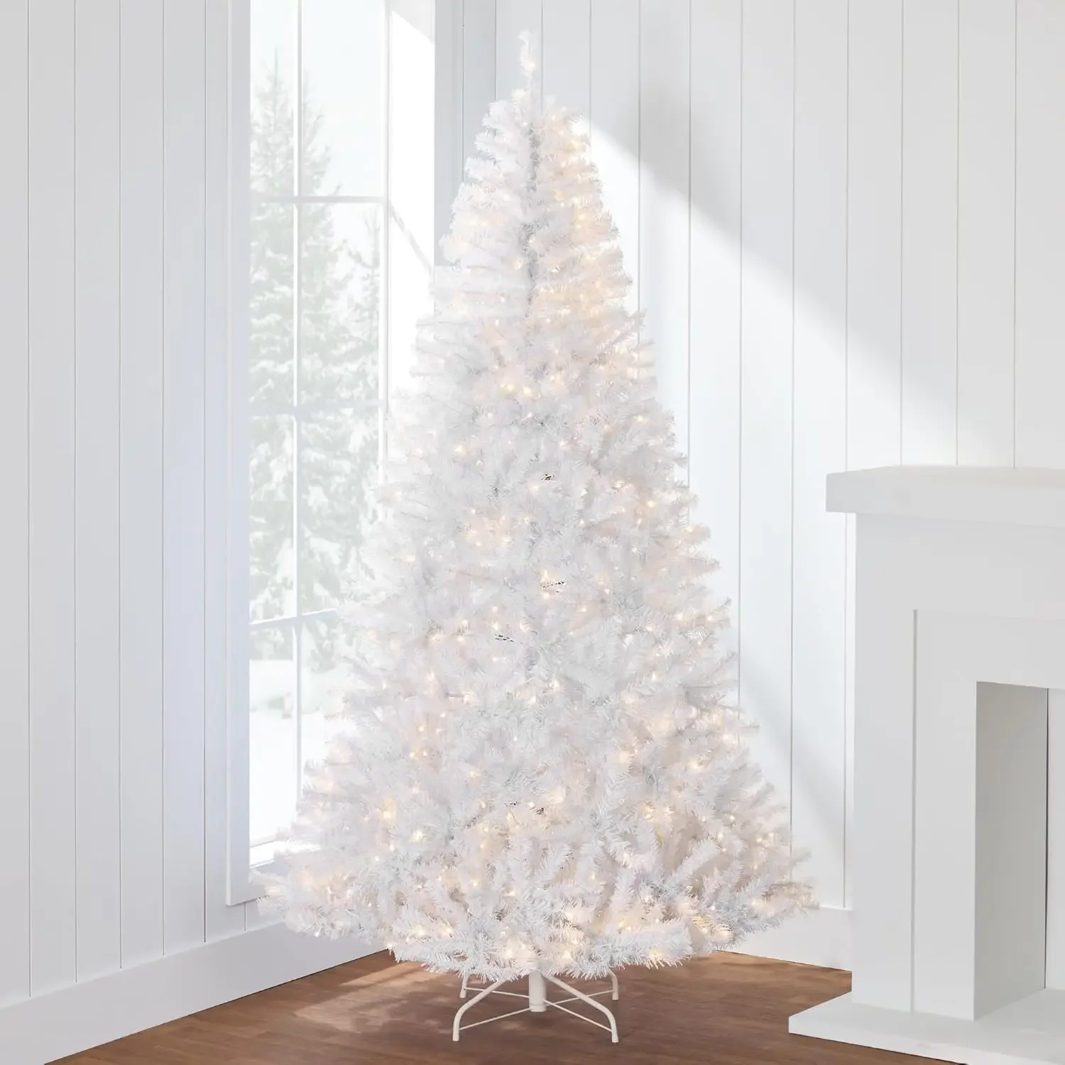 White Christmas Tree 6ft Pre-Lit Artificial Pine Tree Premium Holiday Decoration w/Warm White Lights, Stand, Easy Assembly