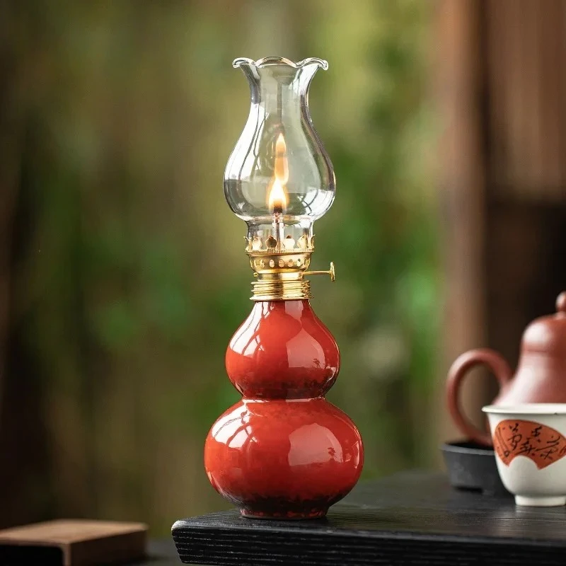 Fortune and Prosperity Ceramic Kiln Transformed Gourd Pastry Oil Lamp Household Lamp Decoration Chinese Tea Room Long Lit Lamp