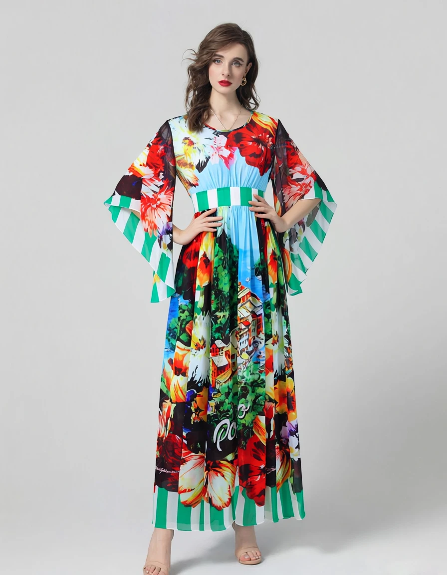 فستان نسائي طويل بطبعات زهور وناظر طبيعية خلابة - رقبة على شكل حرف V، أكمام جرس متدفقة صيفية بوهو بيتش فيستدوس