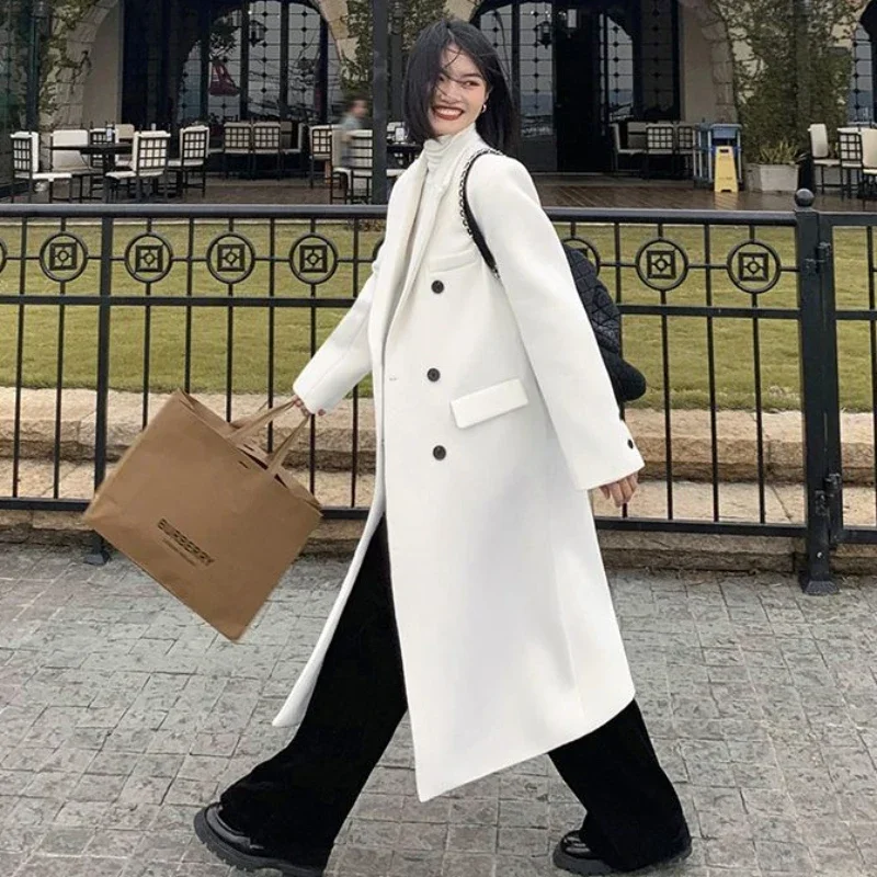 2025 New Women Overwear Elegant White Long Below Knee Woolen Coat Winter Female High Sense Fashion Double-breasted Thick Outwear