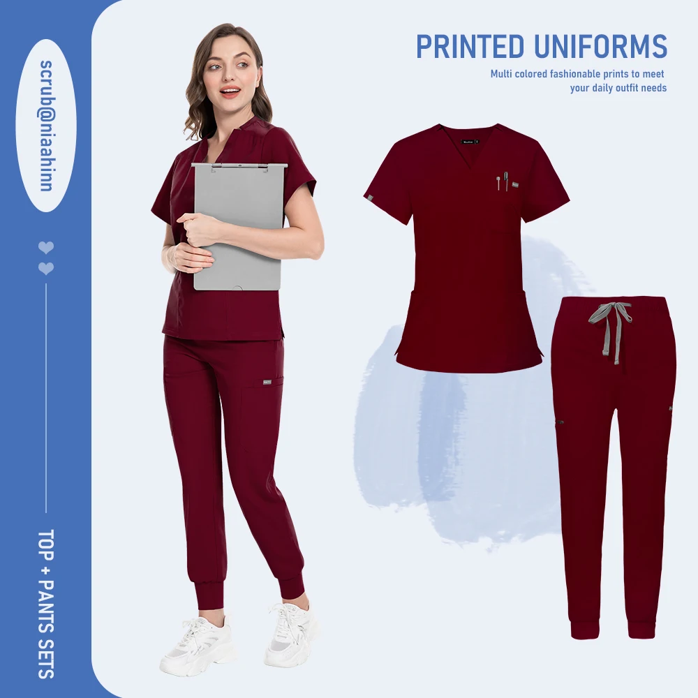 Niaahinn Uniform Schönheitssalon Haustier Krankenhaus Medizinisches Peeling Krankenpflege Krankenschwester Peeling V-Ausschnitt Tops Scrub Jogger Sets Hochwertige Uniformen – Detail 13