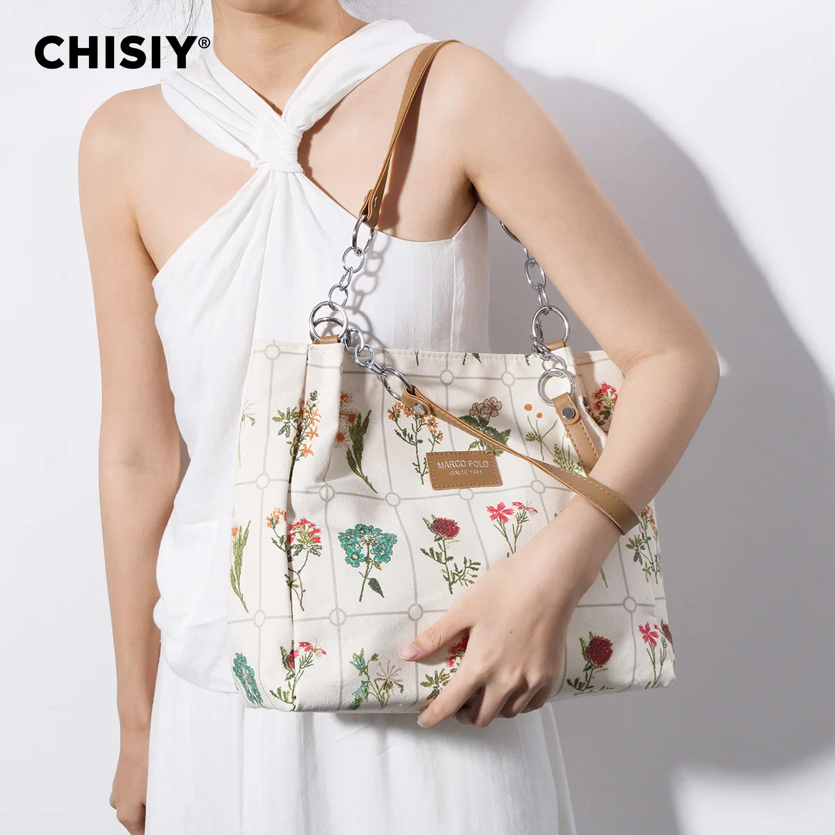 CHISIY Original handmade floral print large capacity commuting tote bag, simple and elegant Valentine\'s Day gift shoulder bag