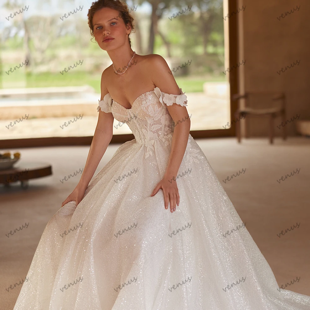 

Glitter Wedding Dresses A Line Tulle Tiered Bridal Gowns Charming Robes Off The Shoulder Fabulous Vestidos De Novia Customized