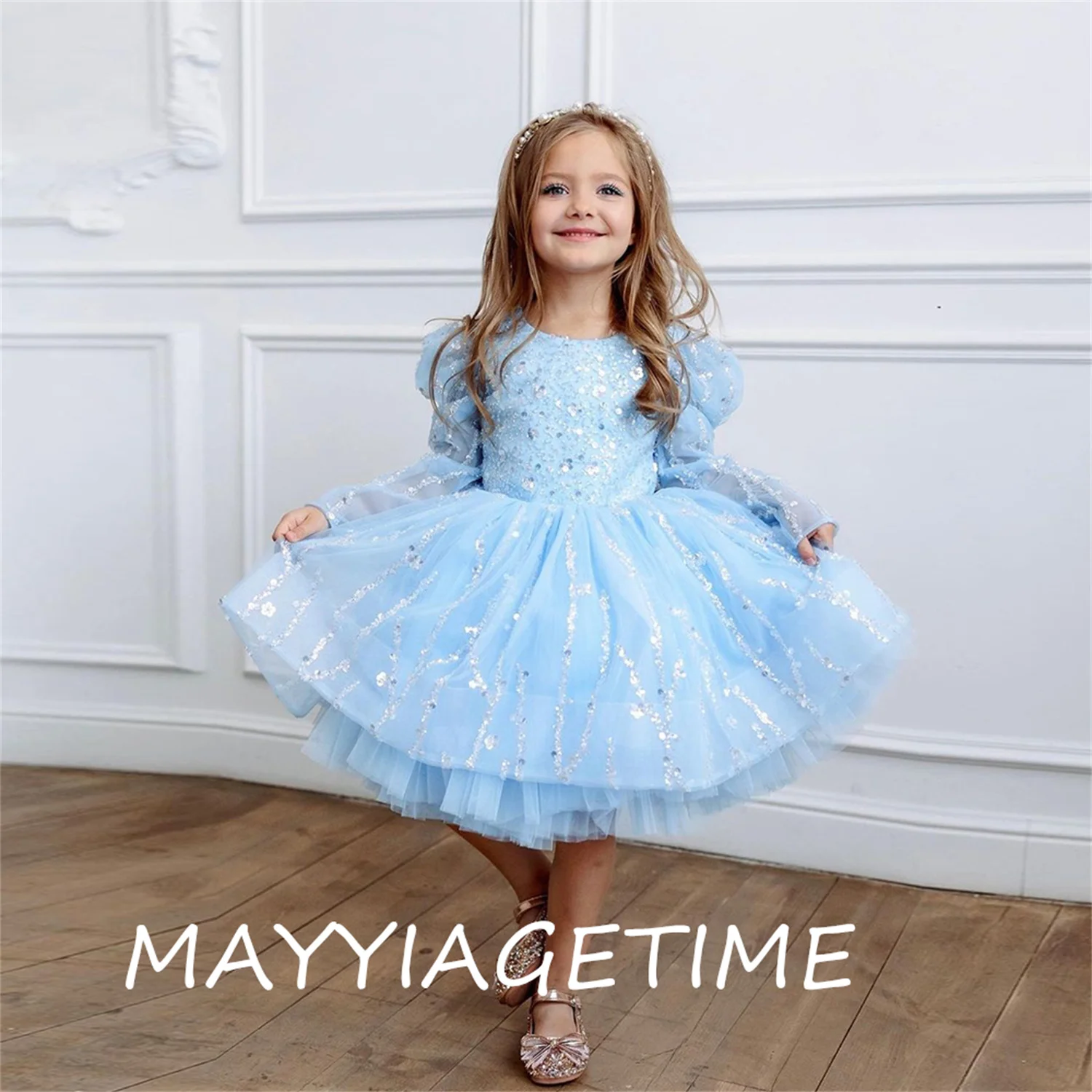 Full Sleeve Sky Blue Flower Girl Dresses Sequined 2023 Summer Tutu Communion Dresses Girls Wedding Party Gowns платье женское