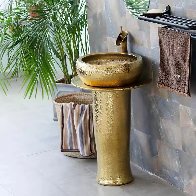 Bathroom Luxury Porcelain Gold Hand Washing Pedestal Sink Basin with Pedestal
