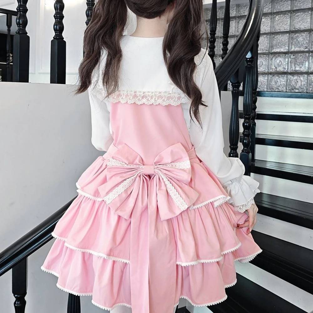 Lolita original doce e fofa saia diária de três camadas com alça bodycon vestido regular ajuste solto fino