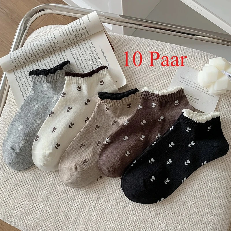 5/10 Ein Paar modische Damensocken mit Blumenmuster, Damensocken im Retro-Stil, bequeme kurze Socken.