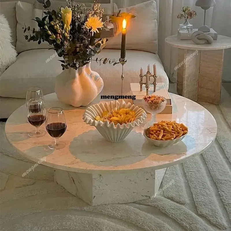 

High quality Natural marble coffee table Modern minimalist travertine ultra-white round coffee table Living room coffee table It