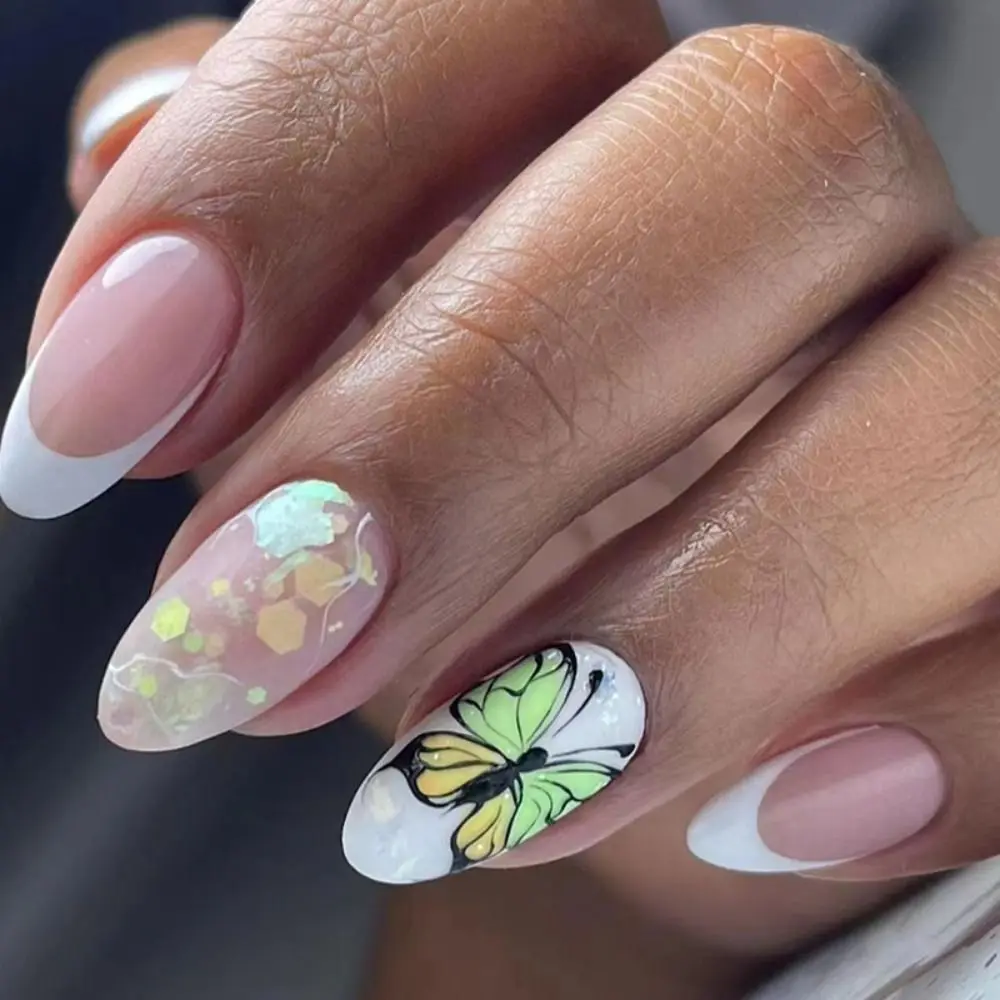 24 szt. Manicure motyl Diy naciśnij na paznokcie sztuczne paznokcie francuskie długie kwiaty migdałów