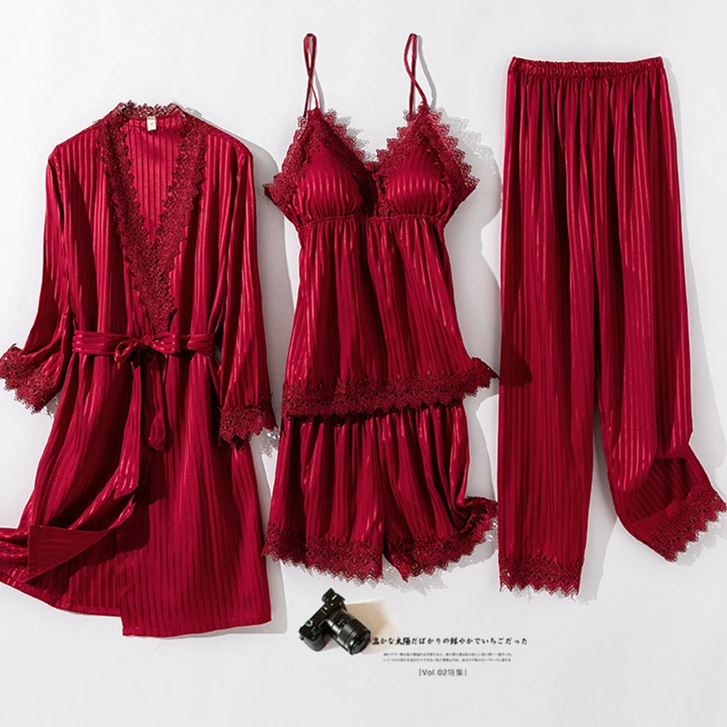 Sexy Stripe Lace Trim Sleepwear Pijamas Suit Spring Summer Satin Kimono Bathrobe Gown Women Four Piece Pajama Set Loose Homewear