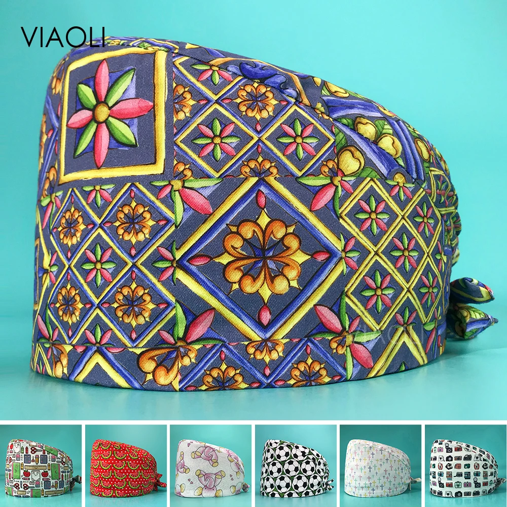 Printed Multicolor Adjustable Nursing Scrub Cap High Quality Medical Nurse Caps Cook Hat Nursing Womens Scrub Wholesale Bonnets