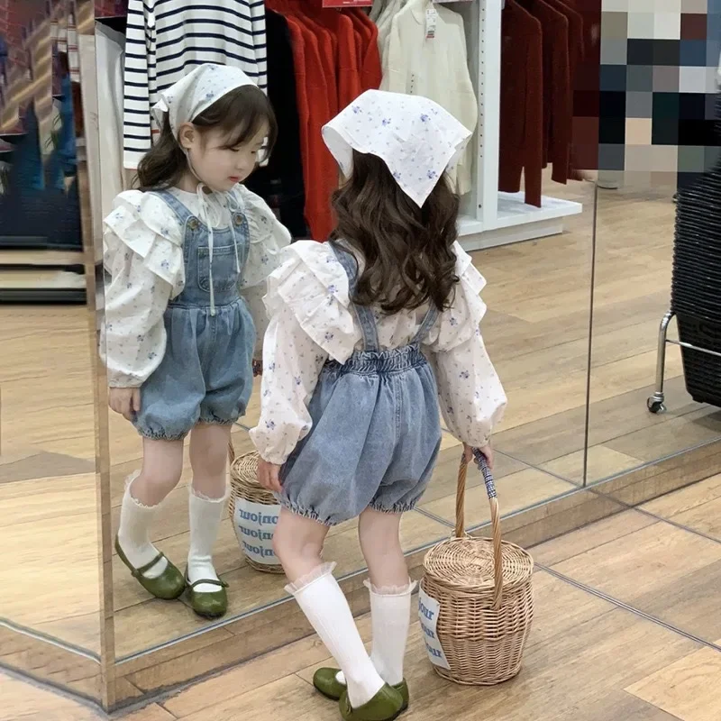 

2023 весенне-осенние новые комплекты одежды для девочек, детская милая кукольная рубашка с цветочным принтом + штаны с ковбойским ремешком, комплект из двух предметов для маленьких девочек