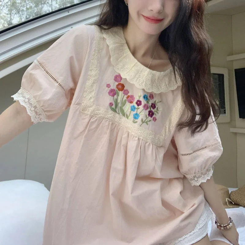 

Vintage Preppy Style Summer 2024 Lolita New Patchwork Pullover O-Neck Lace Embroidery Fashion Loose Short Sleeve Blouses Shirts