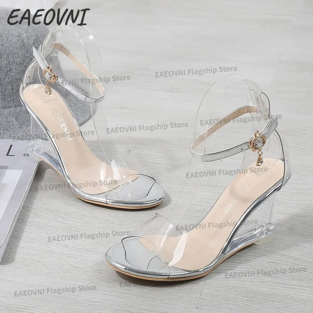 EAEOVNI Women\'s sandals strap transparent brand large size high heels new wedge sandals fashion sexy Korean version