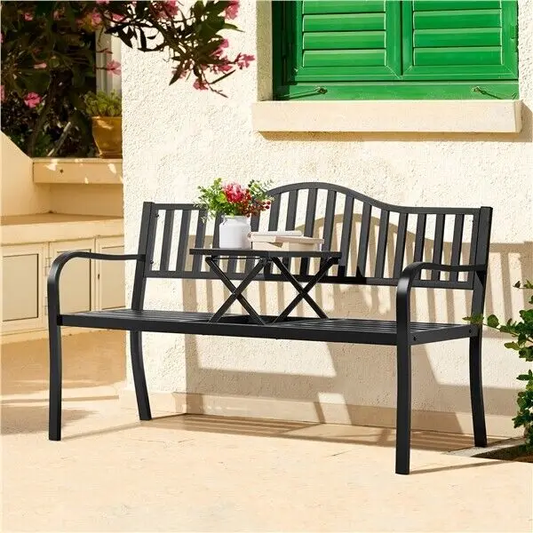 Patio Park Garden Bench Outdoor Metal Bench with Pullout Adjustable Middle Table