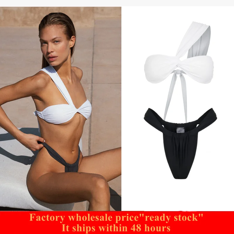 

2025 New Solid Color Split Swimsuit European and American Style Outer Single Single-Shoulder Sloping Shoulder Solid Color Women'