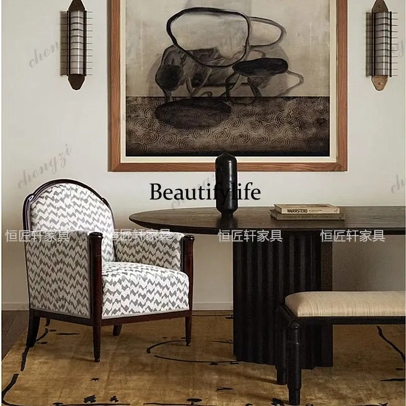 American solid wood single sofa antique geometric pattern fabric tiger chair living room retro leisure chair