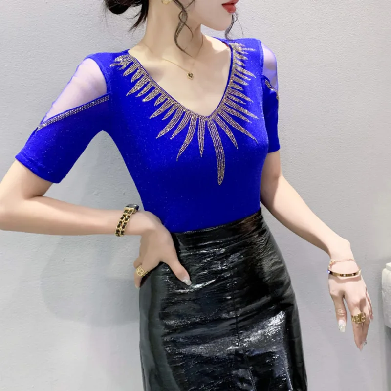 #5415 Black Blue Mesh T Shirt Women V-neck Diamonds Sexy Skinny Office T-shirt Short Sleeve Spliced Mesh Off Shoulder Summer2023