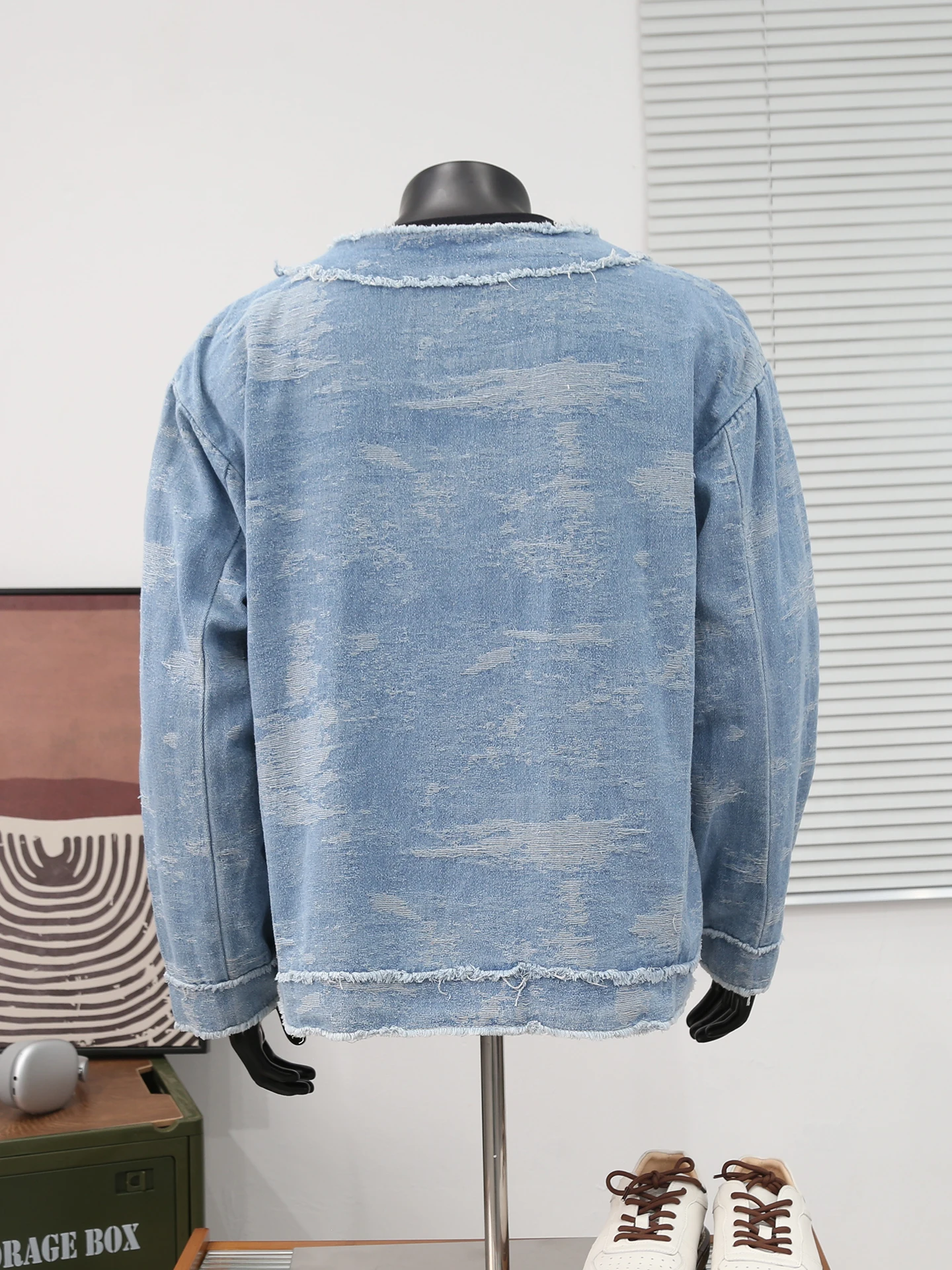 남성용 레트로 자카드 데님 재킷 봄 가을 일본식 라운드 넥 프레이드 재킷 캐주얼 패션 하라주쿠 스타일 블루 코트