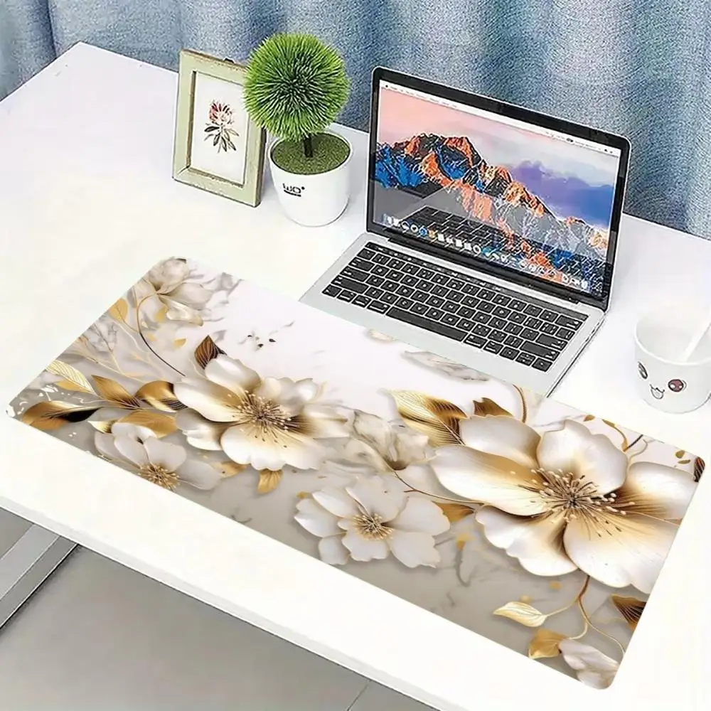 Luxury Golden Flower Large Gaming Mouse Pad Non Slip Rubber Keyboard Mat Stitched Edge for PC Laptop Office Gamer Workspace